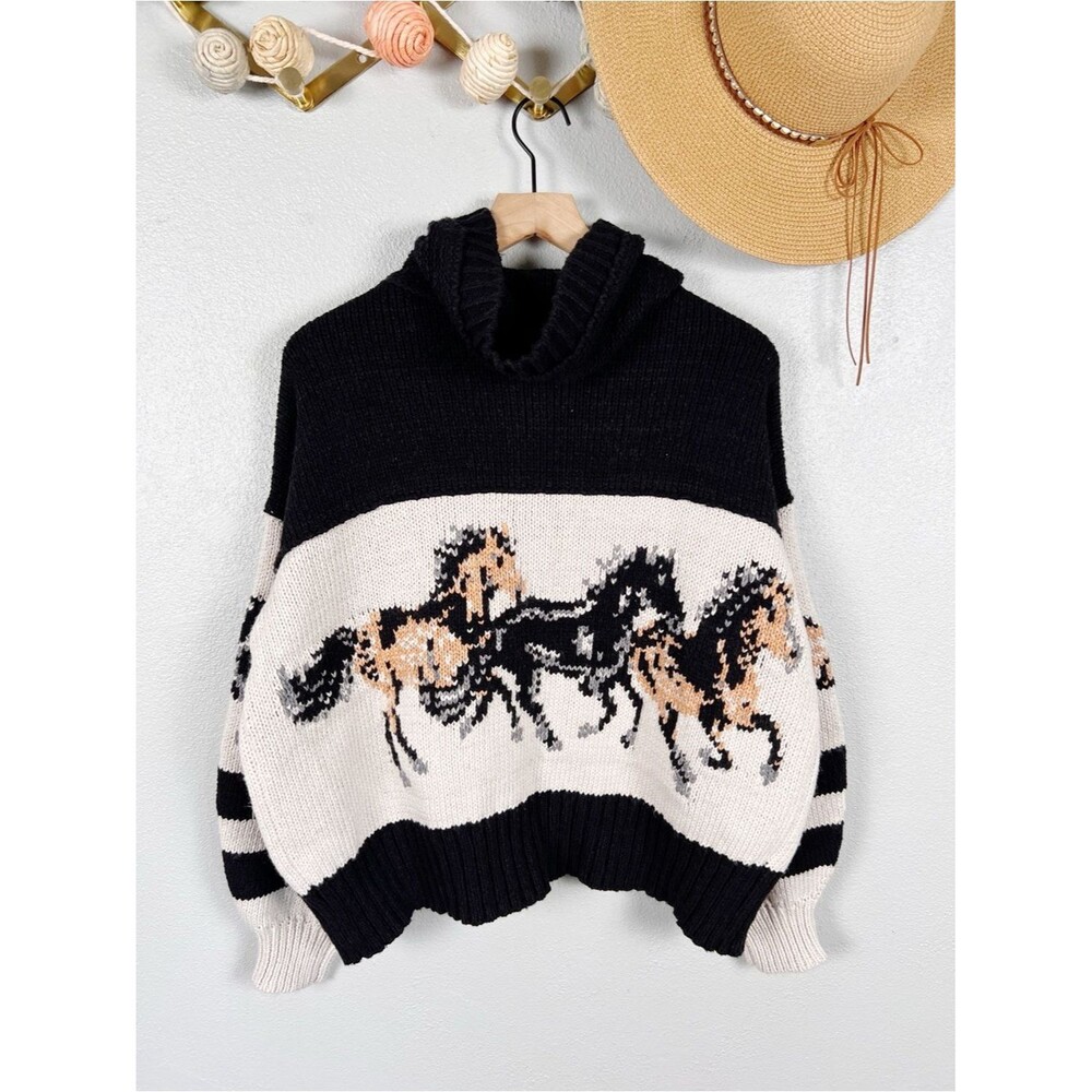 NWT Anthropologie Pilcro Horse Graphic Shawl Collar Chunky Knit Cardigan Medium - Picture 6 of 13
